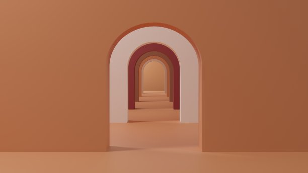 拱形走廊，入口，里面有一堵空墙，东方风格。3 d渲染。图片下载