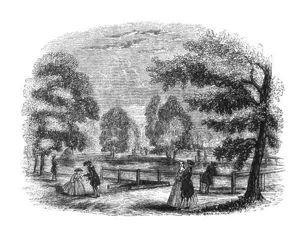 玫瑰池塘在圣詹姆斯公园(皇家公园在伦敦)在1752年-复古雕刻插图图片下载