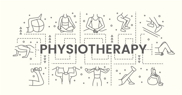 网页横幅物理疗法插图按摩和各种身体锻炼的fitball，与哑铃，矢量线性图形。图片下载