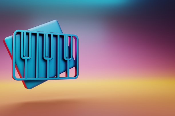 钢琴键图标。美丽的蓝色钢琴键符号图标在多色明亮的背景。3 d渲染插图。用于设计的背景图案。图片下载