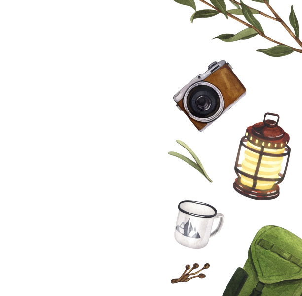 用背包，相机，灯，杯子和树叶组成的水彩画营地。手绘插图徒步旅行孤立在白色的背景。用于贴纸:旅游，旅行，横幅，传单，模板图片下载