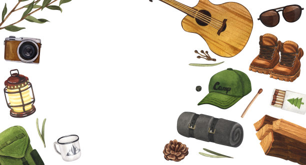 水彩构图营地与营火，背包，吉他，靴子，相机。手绘插图徒步旅行孤立在白色的背景。用于贴纸:旅游，旅行，横幅，传单，模板。图片下载