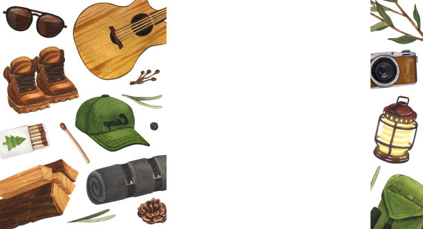 水彩构图营地与营火，背包，吉他，靴子，相机。手绘插图徒步旅行孤立在白色的背景。用于贴纸:旅游，旅行，横幅，传单，模板。图片下载