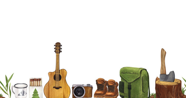 水彩构图营地与背包，吉他，靴子，杯子，灯，相机，斧头，火柴。手绘插图徒步旅行孤立在白色的背景。用于贴纸:旅游，横幅，传单，模板图片下载