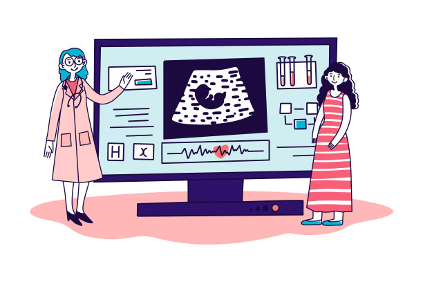 小医生和孕妇在超声波屏幕旁图片下载