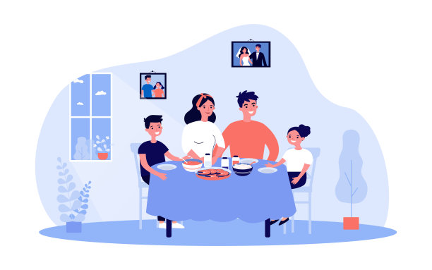 幸福的家庭坐在餐桌上在家里矢量插图图片下载