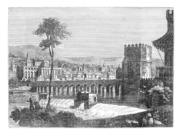 西班牙科尔多瓦城的罗马桥-古老的雕刻插图图片下载