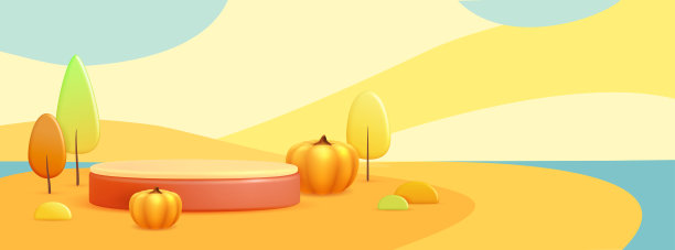 秋天的季节背景与3D塑料舞台和景观与树木和云。矢量图图片下载