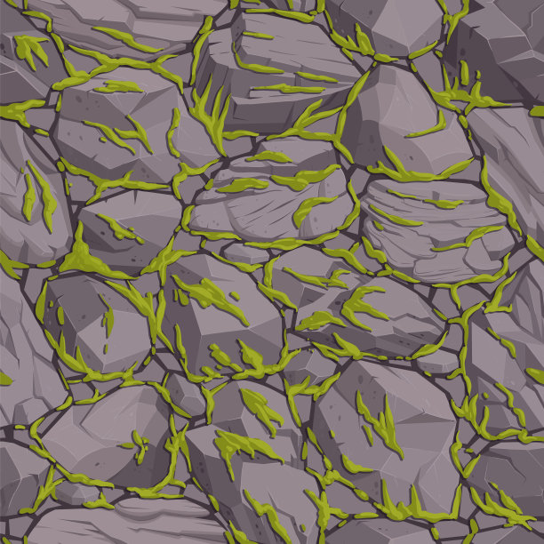 人行道上的卡通苔藓。青苔植物在铺装石块上爬爬，纹路无缝。石头地板铺就的路径平坦矢量背景插图图片下载