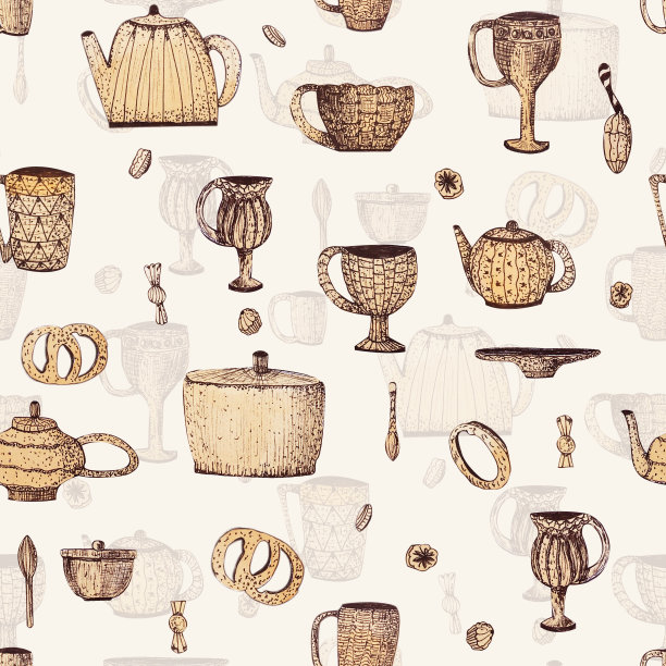 无缝图案与古董杯子和茶壶图片下载