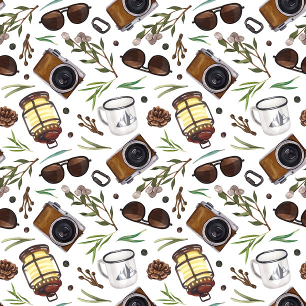 水彩无缝图案相机，远足、旅游、露营、旅游、旅行等设备。手绘插图在白色的背景。概念包装设计，纺织品，面料印花。图片下载