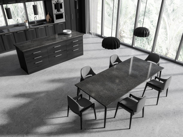 现代家庭厨房内部的俯视图，设有用餐区和餐桌图片下载