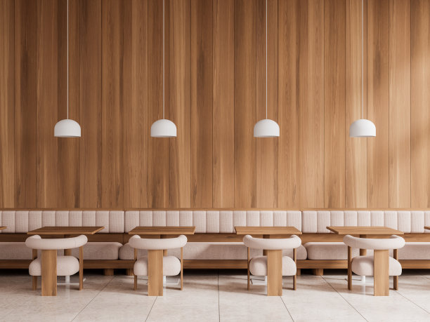 木质咖啡厅内部有座椅和沙发，用餐区有桌子和灯图片下载