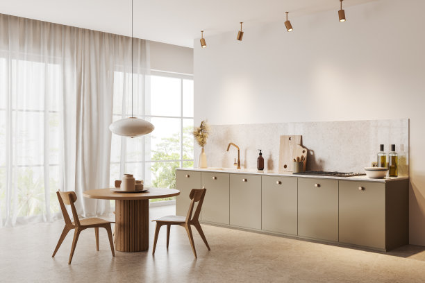 白色的厨房角落，米色的橱柜和桌子图片下载