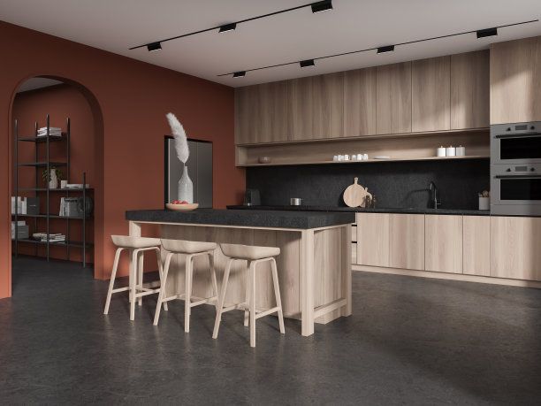 带橱柜和吧台的红色厨房角落图片下载