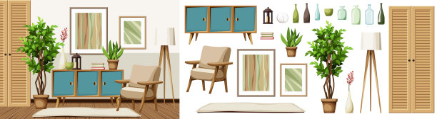 房间内部有扶手椅，梳妆台，画和一棵榕树。现代室内设计。家具集。内部构造函数。卡通矢量插图图片下载