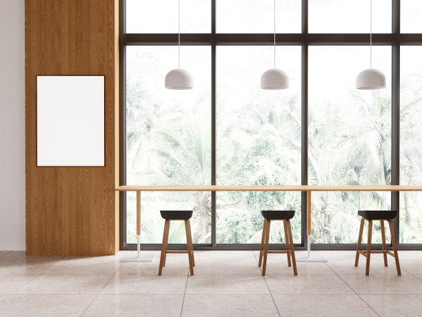 咖啡厅内部有凳子和长桌，靠近全景窗，模型框架图片下载