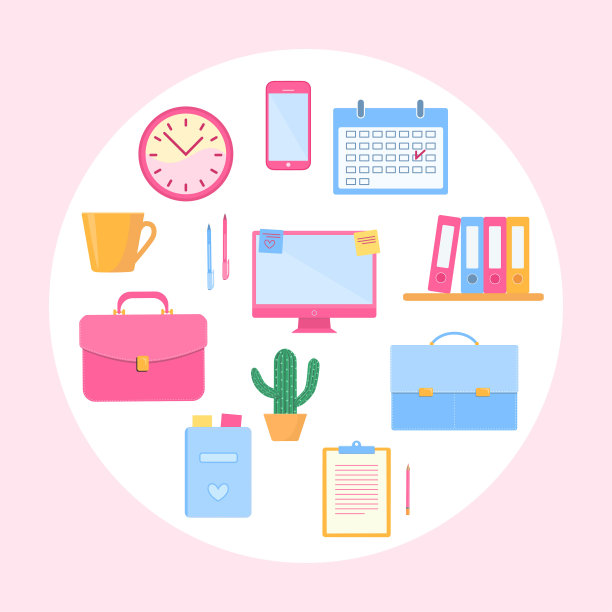 粉红色背景上的一套办公配件。经营理念。图片下载