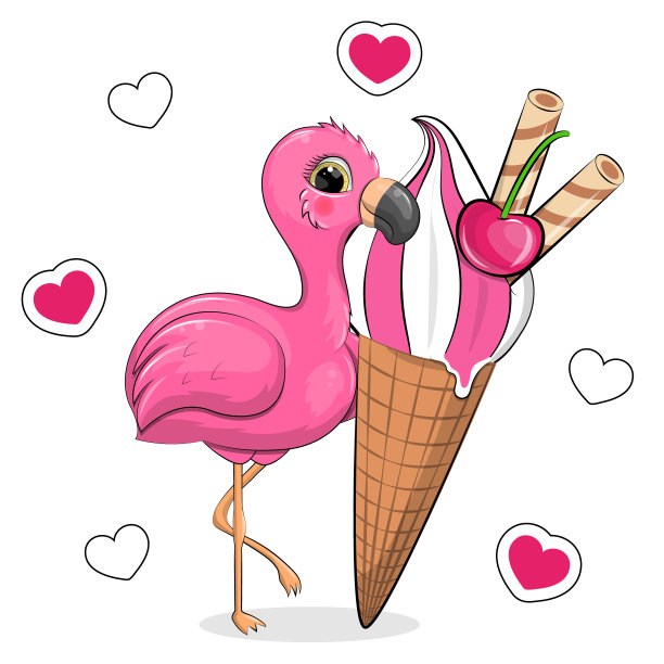 可爱的卡通粉红色火烈鸟和大冰淇淋。图片下载