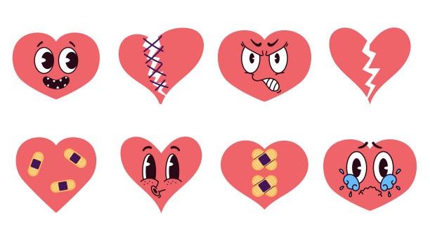 心碎石膏伤心脸表情隔离集。矢量平面图形设计插图图片下载