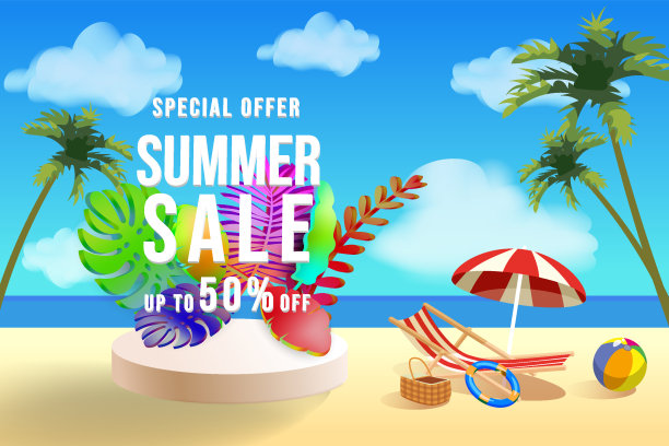 夏季促销横幅。热带沙滩，沙滩椅，舞台，伞，棕榈叶，天空，云图片下载