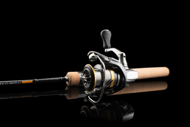 鱼竿绕线旋转特写。鱼竿和卷轴孤立在黑色背景上。鱼竿环。解决的问题。钓鱼纺线盘。图片下载
