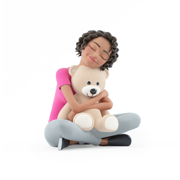 3d美女坐在地板上，抱着泰迪熊图片下载