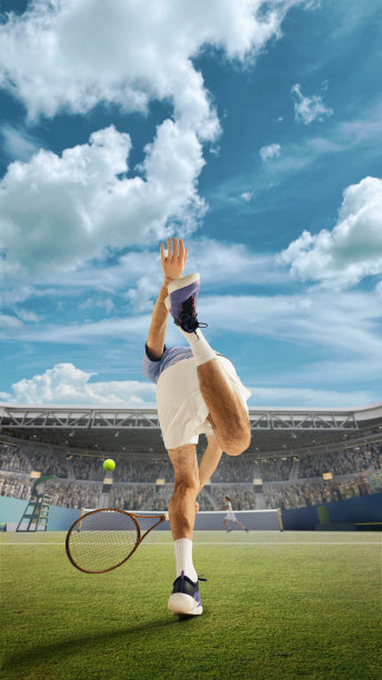 男子网球运动员在运动中，用球拍发球的全长动态底视图图像。露天球场的3D渲染图片下载