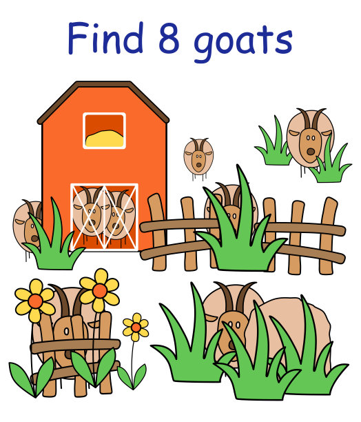 逻辑益智游戏。在有农场的图片中找到8只山羊。图片下载