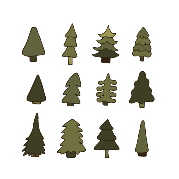 一套可爱的圣诞树与雪花为新年和圣诞节的设计。新年快乐。矢量插图。手绘。平面设计。图片下载