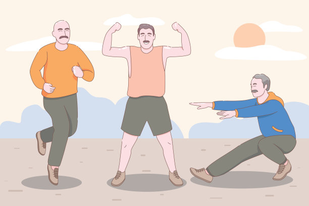 老年夫妇练瑜伽，祖父母做运动，运动，晨练，卡通矢量插图。图片下载