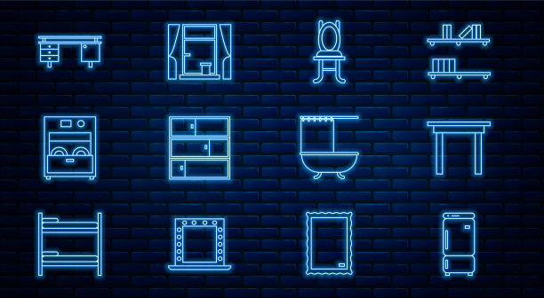 设置线冰箱，木桌，椅子，架子图片下载