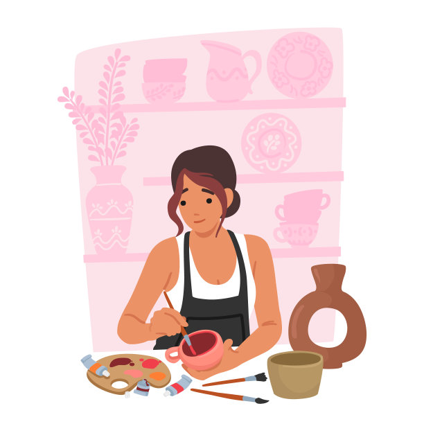 专注的艺术家女性角色巧妙地在手工陶器上绘制复杂的图案，融合创造力图片下载