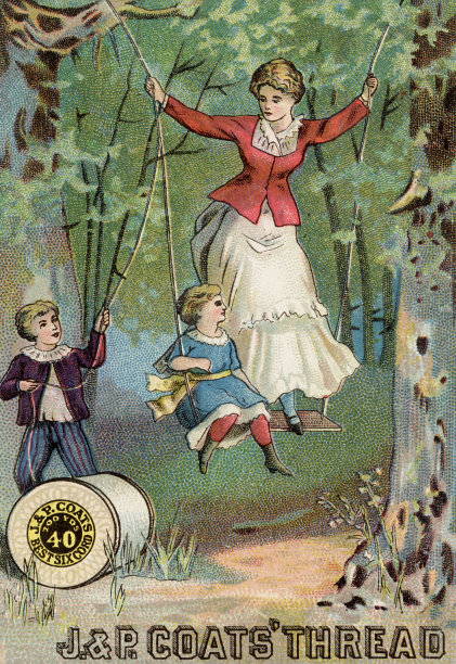 维多利亚时代母亲和孩子在花园里荡秋千的彩色写真图片下载