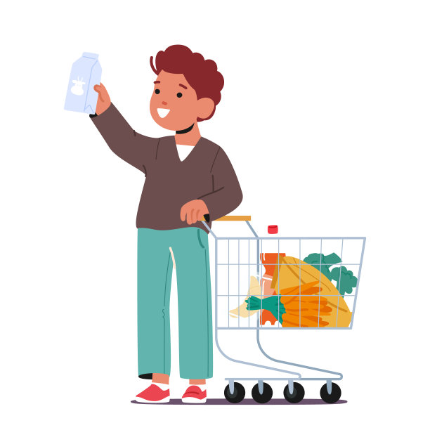 小男孩站在超市手推车，导航与兴奋和好奇的过道，矢量插图图片下载