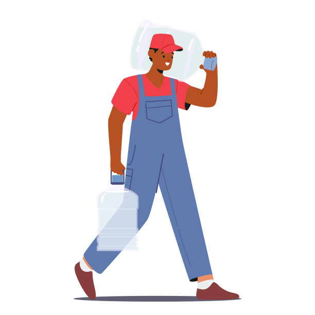 工人男性字符交付淡水加仑在手中，确保其纯度和质量，矢量插图图片下载