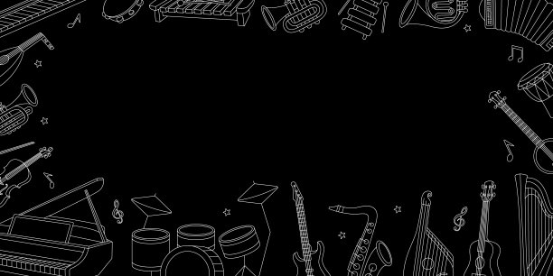 乐器横廓横幅。矢量插图音乐学校的设计。大号，小号，鼓，长笛，琵琶，小提琴，原声吉他图片下载