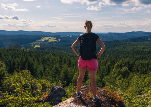 美丽年轻的白人女子站在岩石上，望向森林山谷。旅游背景，奥地利图片下载