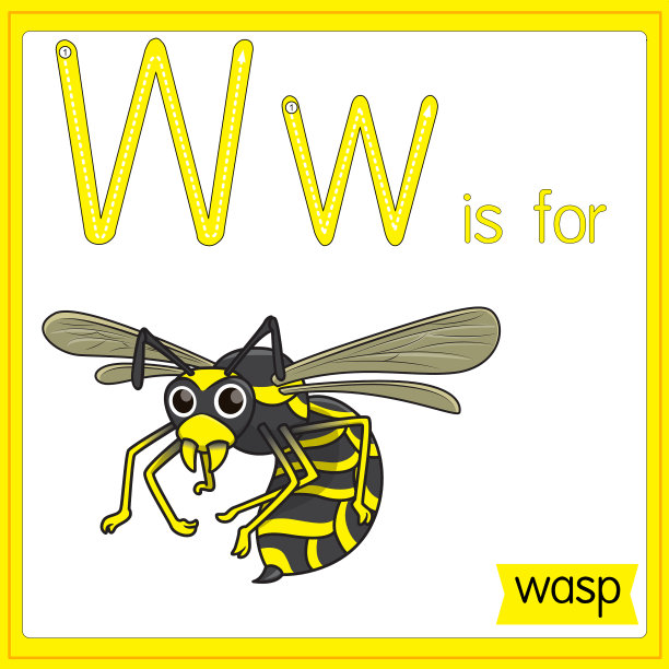 矢量插图学习字母为儿童与卡通形象。字母W代表黄蜂。图片下载