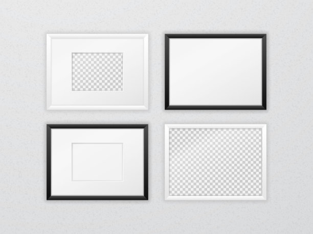不同构图的黑白窄框挂在墙上。水平矩形框架模板与pass -partout和空白空间的照片，图像或海报。现实矢量模型图片下载