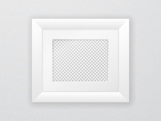 宽宽的白色镜框，墙上挂着路思通。水平矩形框架模板与空白空间的照片，图像或海报。室内装饰模型。现实的矢量插图。图片下载