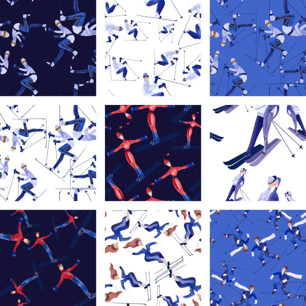 一套水彩无缝图案与滑雪者。冬天的纺织品。运动服装。滑雪胜地纪念品的包装纸。图片下载