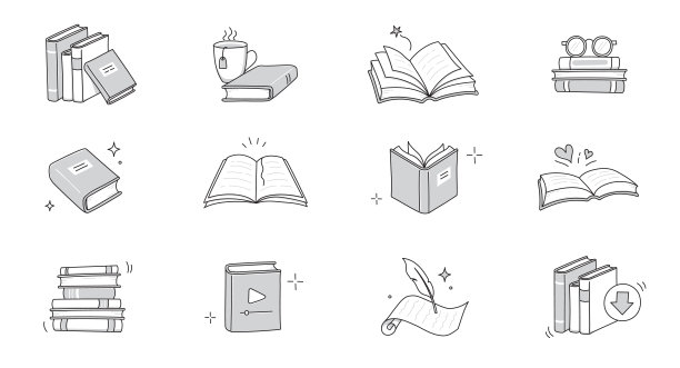 书线涂鸦图标集。手绘素描涂鸦风格线图标书，日记。开放图书馆，读书，学校教育概念图标涂鸦。蓝笔线条风格笔画。向量图片下载