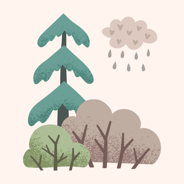 圣诞树、冷杉、灌木和云带着雨，天真烂漫。秋天的彩色插图。剪贴画贺卡，请柬，印刷品，贴纸和图案的设计。图片下载