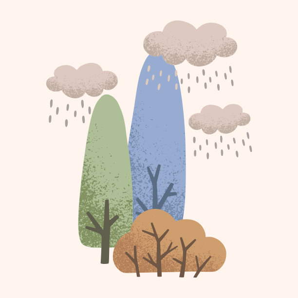 树木、灌木、云和雨都以一种天真的儿童风格呈现。秋天的彩色插图。剪贴画贺卡，请柬，印刷品，贴纸和图案的设计。图片下载