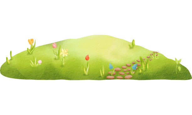 水彩卡通构图:绿油油的春夏草坪上盛开着鲜艳的花朵，沿着草坪的石径。晴朗的晴天。用于文字，明信片，邀请函，海报。手绘数码和铅笔油漆图片下载