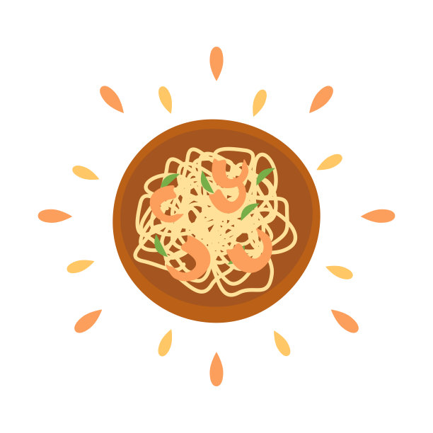 抽象图标多汁的意大利面条与虾与飞溅隔离在白色背景-矢量图片下载