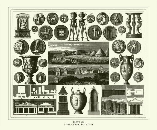 雕刻古董，坟墓，瓮和硬币雕刻古董插图，1851年出版图片下载