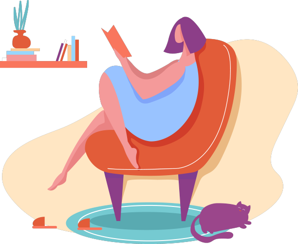 女孩坐在家里的扶手椅上看书图片下载