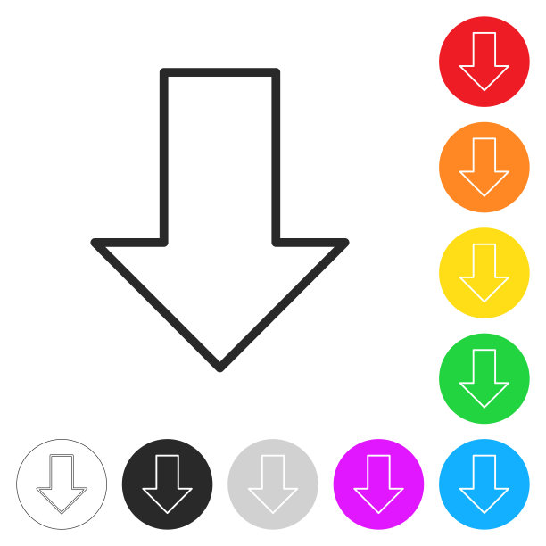 向下箭头。按钮上不同颜色的平面图标图片下载